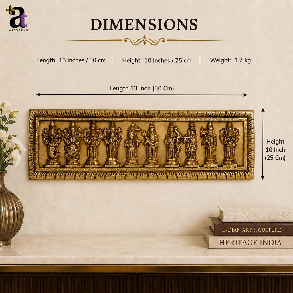 ARTVARKO Brass Dashavatara Dasavatharam of Lord Vishnu Statues Ten Incarnations Avatars Wall Hangings Idol Murti Home Puja Temple Gifts 13 Inches