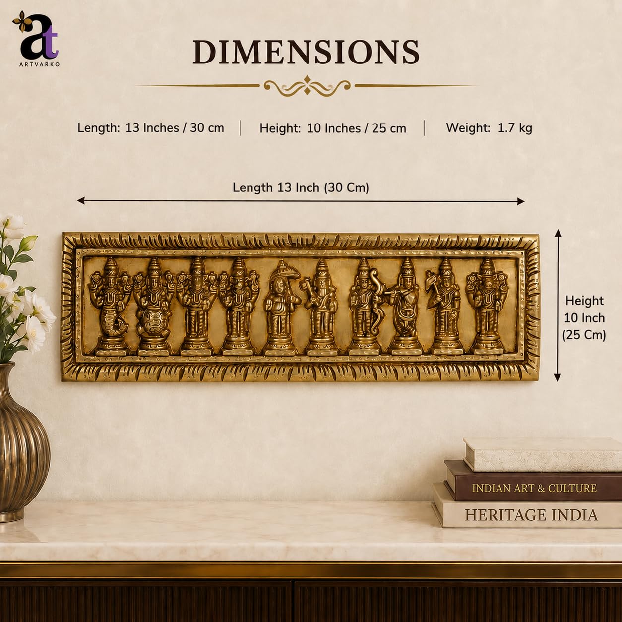 ARTVARKO Brass Dashavatara Dasavatharam of Lord Vishnu Statues Ten Incarnations Avatars Wall Hangings Idol Murti Home Puja Temple Gifts 13 Inches