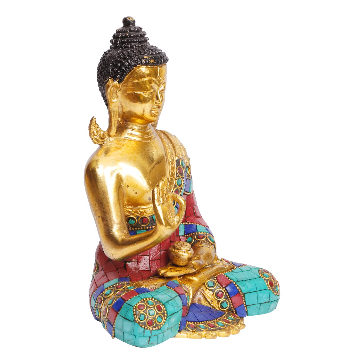 ARTVARKO Buddha Statue Blessing Brass with Multicolor Stone Handwork Home Decor Entrance Office Table Living Room Meditation Luck Gift Feng Shui 8 Inch