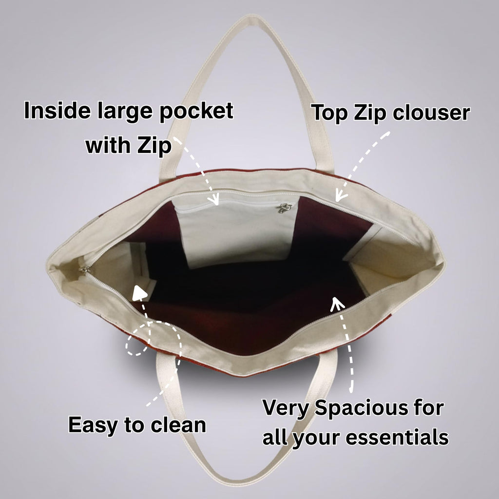 MyBri Studio Cotton Canvas Tote Bag for Women | Premium Reusable Shoulder Handbag with Zip Closure & Inner Zip Pocket | Stylish Everyday Bag for Office, College, Shopping & Travel (Burgundy)