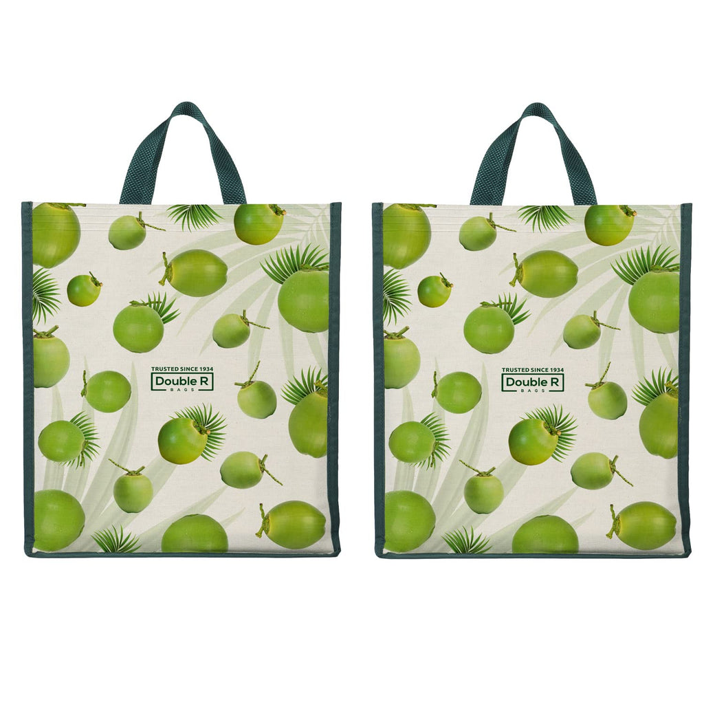 DOUBLE R BAGS Unisex Big Eco Cotton Canvas Shopping Bag for Grocery, Milk, Fruits & Vegetables | Reusable Jhola Tote with Reinforced Handles | Cherry Print, 34x9.5x39.5 cm, 1 Compartment (Pack of 2)