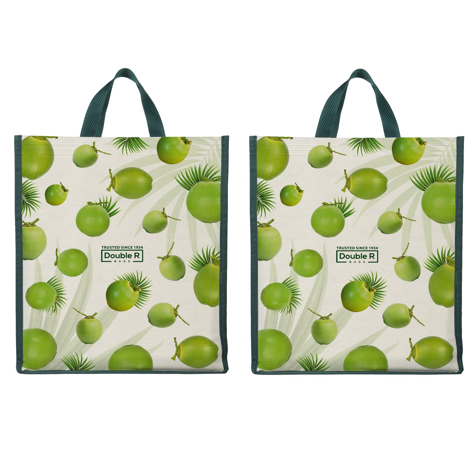 DOUBLE R BAGS Unisex Big Eco Cotton Canvas Shopping Bag for Grocery, Milk, Fruits & Vegetables | Reusable Jhola Tote with Reinforced Handles | Cherry Print, 34x9.5x39.5 cm, 1 Compartment (Pack of 2)