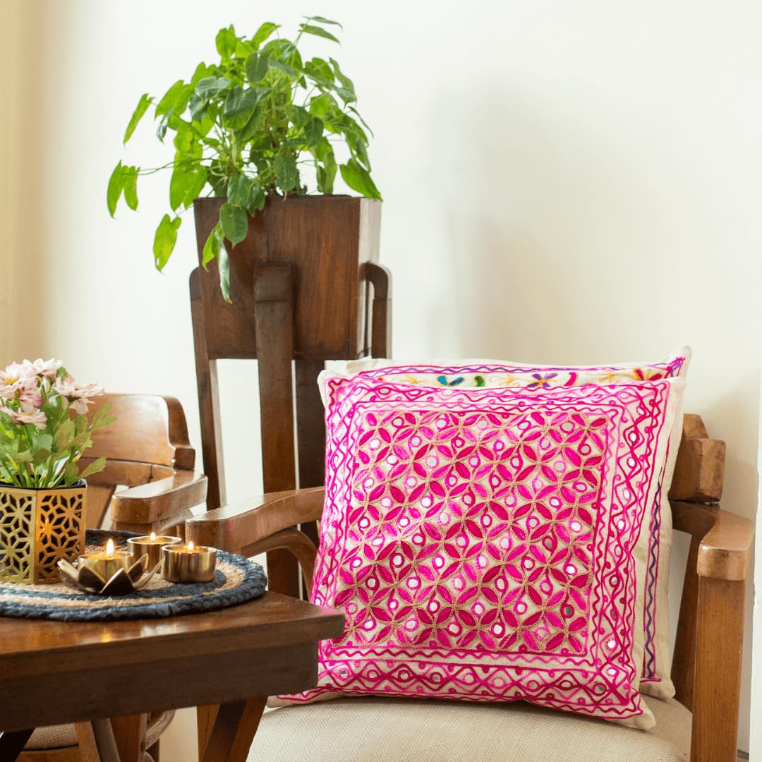 ATRANGI STUDIO Embroidered Cushion Covers - Set of 2 | Traditional Aari Embroidery | Threadwork Throw Pillow Covers with Zip Closure | Perfect for Sofa, Bed, Chair | 16x16 Inch, Pink