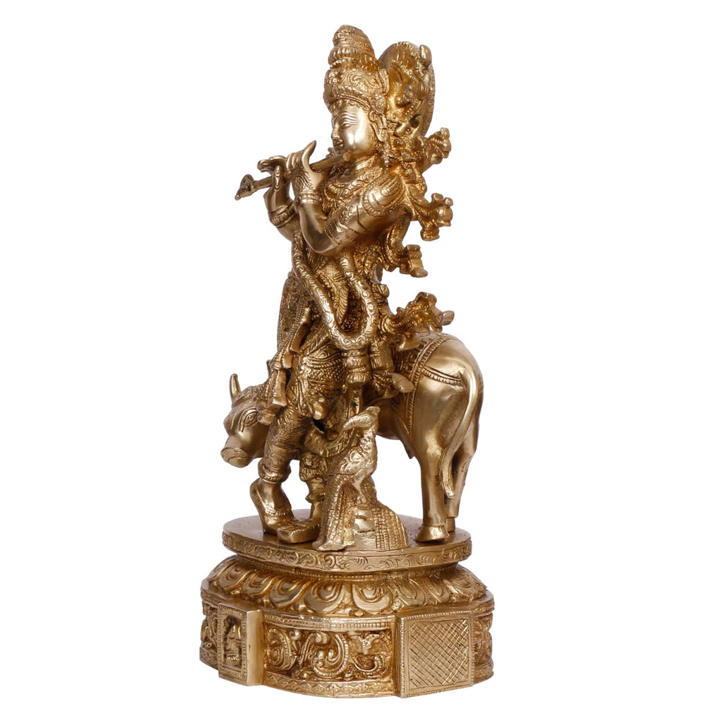 ARTVARKO Brass Krishna with Cow Standing Playing Flute Idol Statue for Home Mandir Pooja Krishan Ji Murti Temple Puja Office Home Décor Showpiece (12 inches)