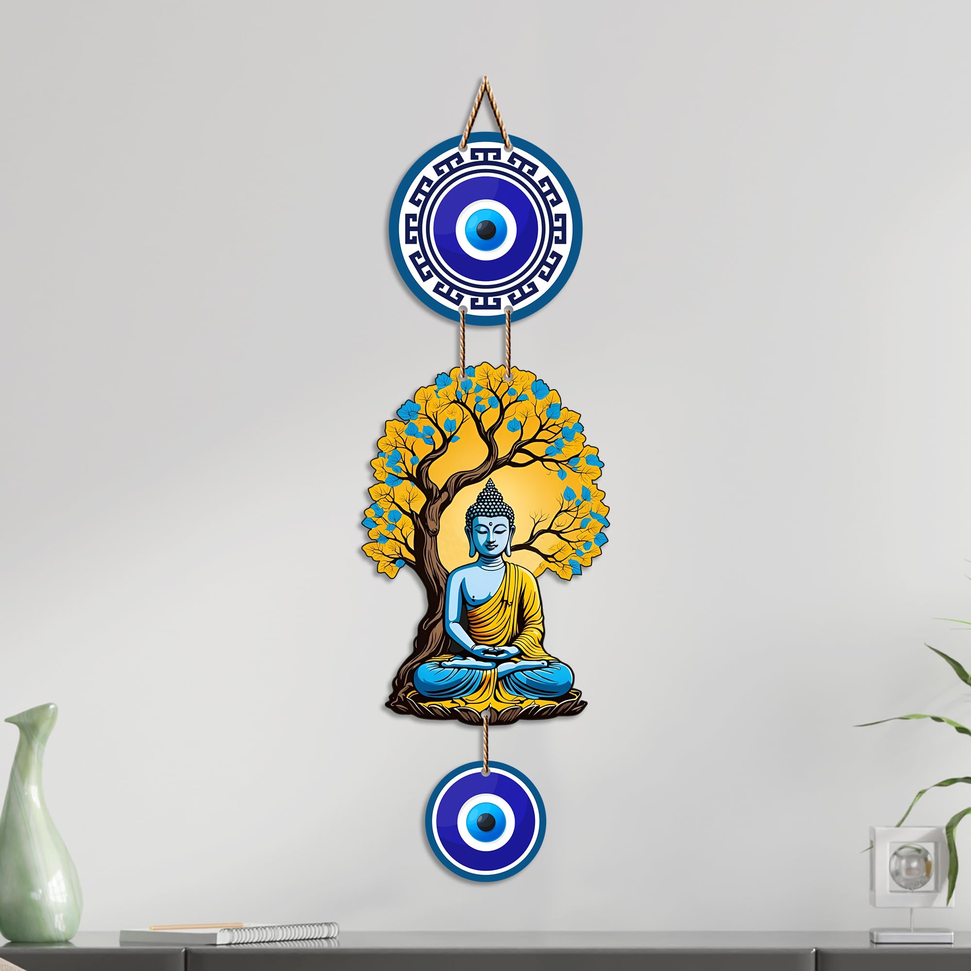 Artvibes Buddha Under Bodhi Tree Wall Hanging with Evil Eye Protection Charm | Spiritual Meditation Decor for Peace | Harmony and Positive Energy | Wall Art for Living Room | Yoga Room (WH_8595N)
