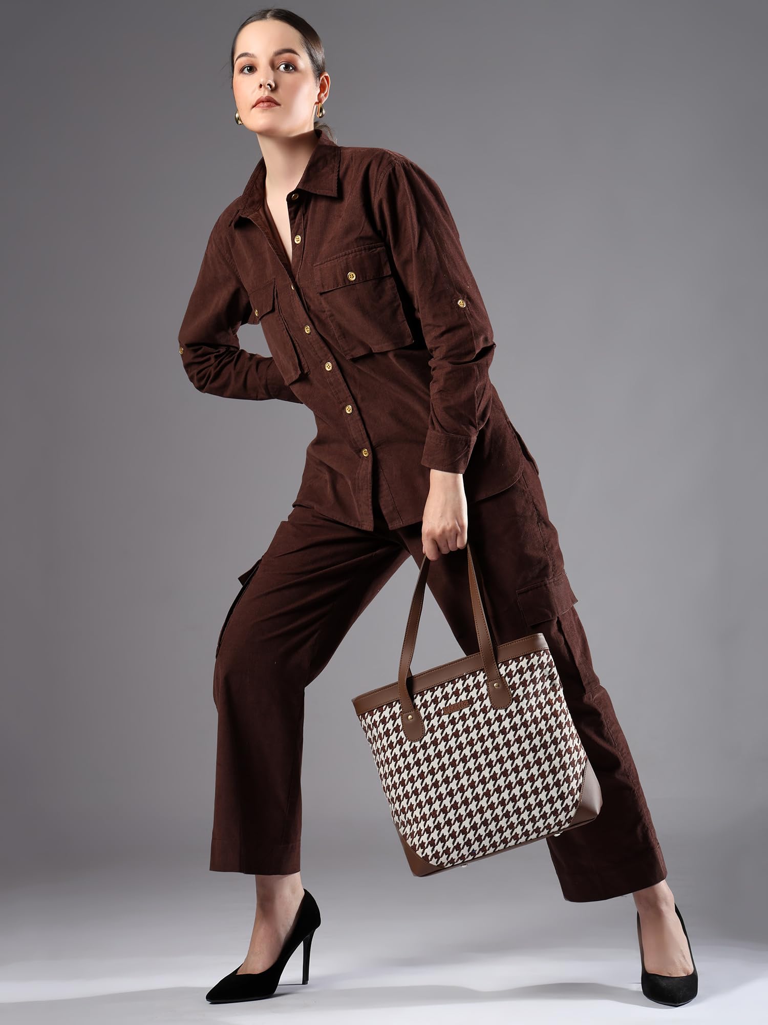 ENSAC Premium Cotton Tote Bag for Women, Stylish Handbag for women with Zip Closure | Fit for Office Bag, College, Travel Use | Handcrafted in IndiaTOTE-(HOUNDSTOOTH-BROWN-1) (Brown)