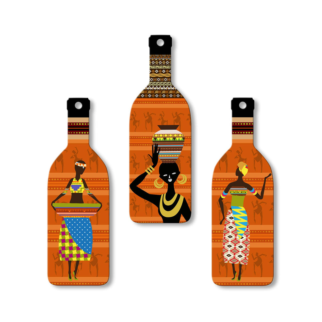 Artvibes African Women Warli Art Decor Bottle shaped Wooden Wall Hanging | Living Room | Handcrafted Art | Wall Poster | Aesthetic Wooden Decor | Art Print | Unique Gift Items (WH_9510N), Set of 3