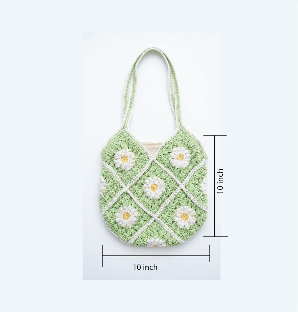 ATICUE Handcrafted Stylish Cotton Yarn Handknitted Crochet Bag with with Lining and Zipper Closure for Women (9x10 Inch) (Green)