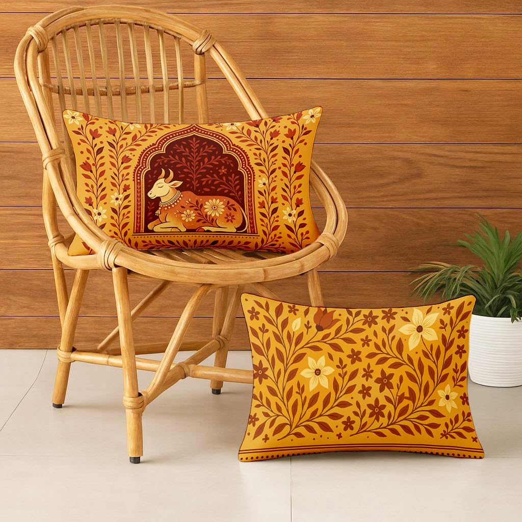 STITCHNEST Satin Cushion Covers Traditional Cow and Floral Design in Rajasthani Style, 12x18 Inch, Pack of 2 for Spiritual & Artistic Living Room Decor