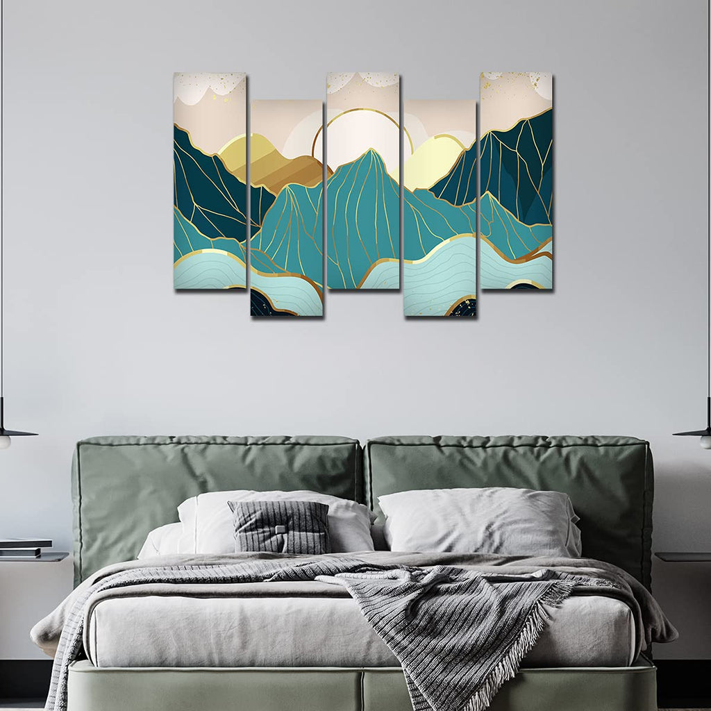 VIBECRAFTS Abstract Mountains with Sunrise Background 5 Pieces Canvas Wall Painting For Home|Office|Living Room|Gift (PTVC5Pcs3_7501)