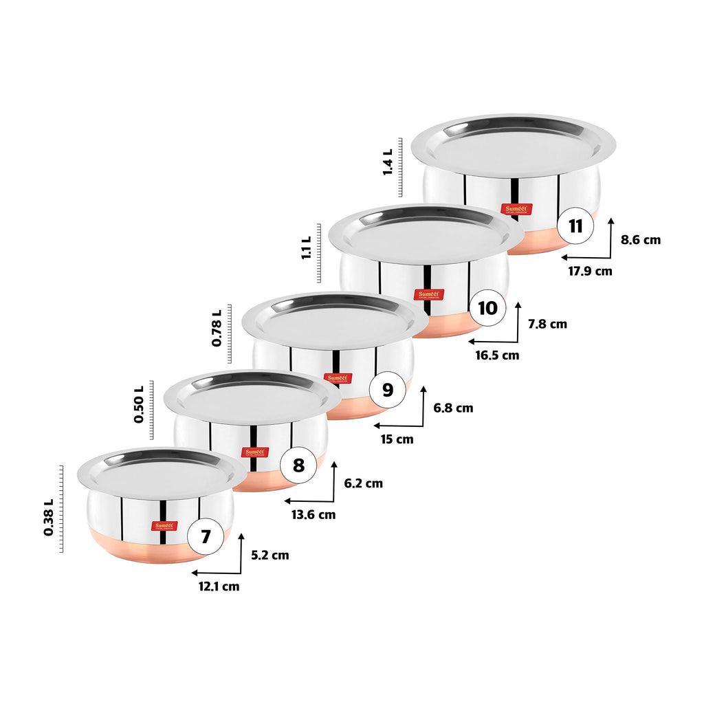 Sumeet Stainless Steel Copper Bottom Belly Shape 5 Pc Tope/Cookware/Pot Set with Lid 380ML, 500ML, 780ML, 1.1Ltr, 1.4Ltr, (Silver)
