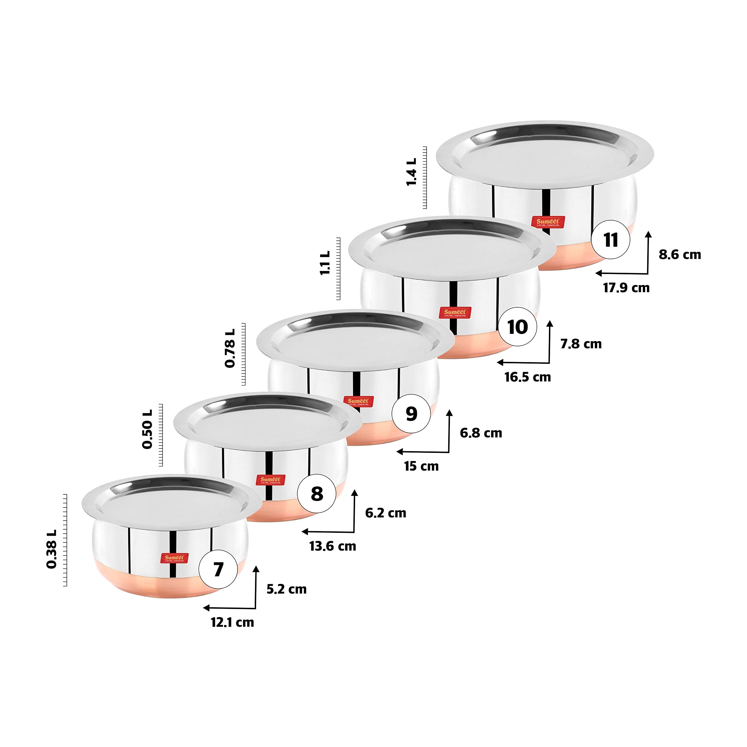Sumeet Stainless Steel Copper Bottom Belly Shape 5 Pc Tope/Cookware/Pot Set with Lid 380ML, 500ML, 780ML, 1.1Ltr, 1.4Ltr, (Silver)
