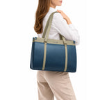 Siza Premium Women Handbag, PU Leather Tote Bag with Sling Strap, Zip Closure Office & Daily Use Shoulder Bag, Dual Handle Large Capacity Work Purse, Teal Blue & Beige