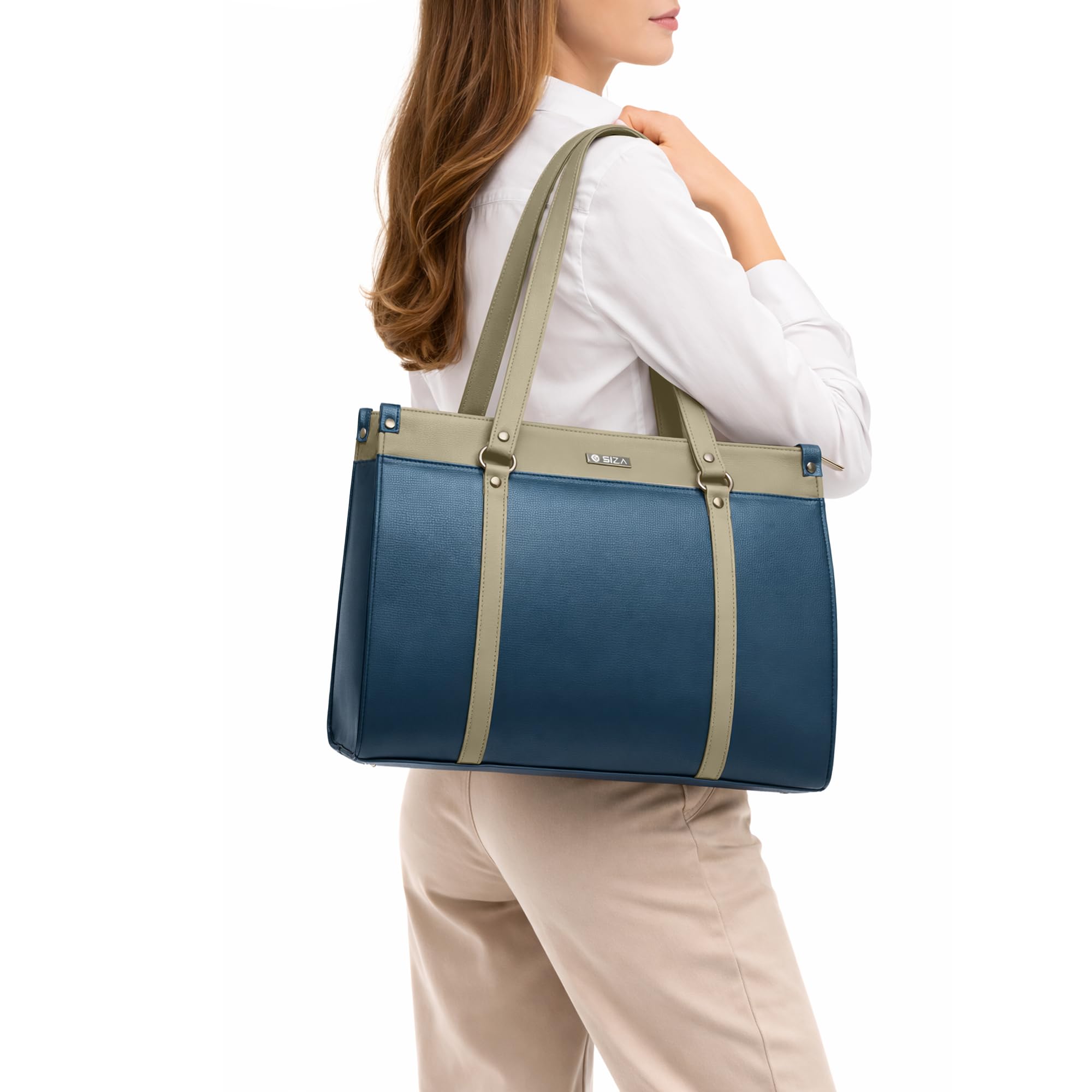 Siza Premium Women Handbag, PU Leather Tote Bag with Sling Strap, Zip Closure Office & Daily Use Shoulder Bag, Dual Handle Large Capacity Work Purse, Teal Blue & Beige