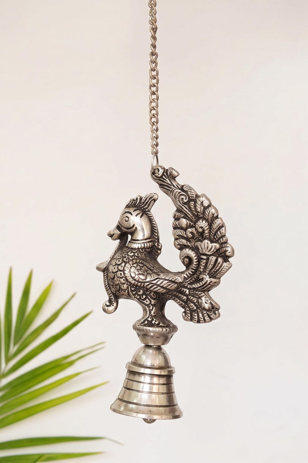 KridayKraft Ornate Peacock Hanging Bell – Antique Silver Finish Decorative Showpiece for Living Room, Entrance & Spiritual Decor