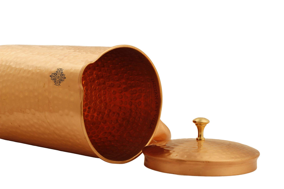 Indian Art Villa Hammered Lacqure Coated Copper Jug Pitcher with Brass Knob, Storage & Serving Water, Yoga Ayurveda Healing, Volume- 1000 ML