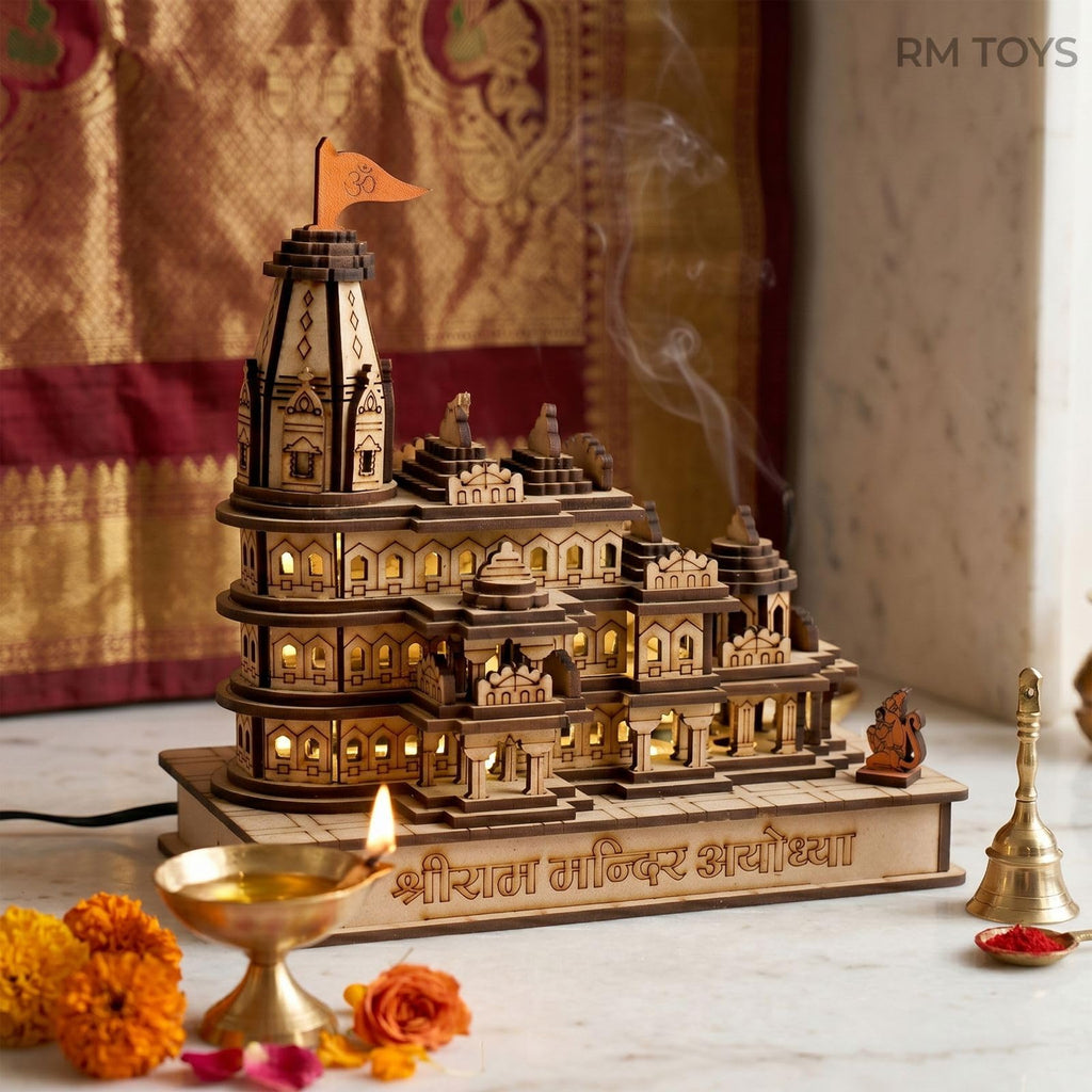 Radha Madhav Toys Ayodhya Ram Mandir Wooden Model with LED Light (19 x 18 x 10 cm) | |Ram Mandir Dummy Model | Ayodhya Temple Replica Gift & Decorative Showpiece for Home and Office