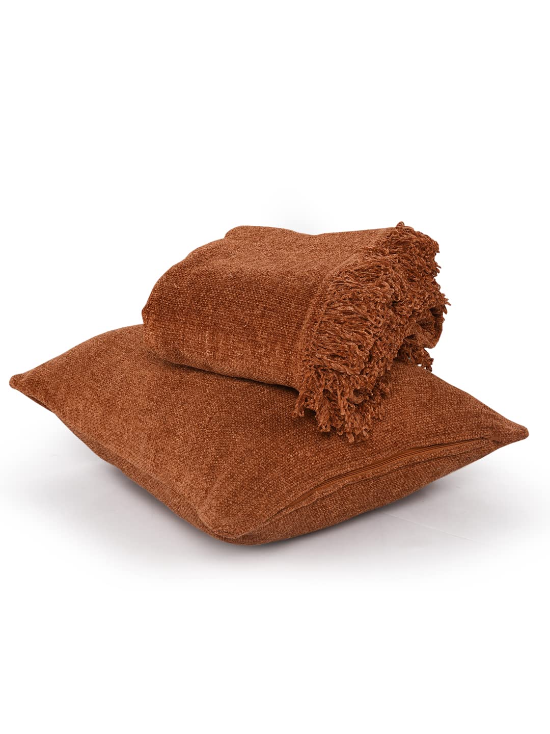 SASHAA WORLD Solid Soft Chenille Throw Blanket for Sofa, Bed & Couch with Cushion Cover Set | Rust Throw & Cushion Cover | Throw-130x180 cm, Cushion-45x45 cm, Wrinkle_Resistant Kafalo