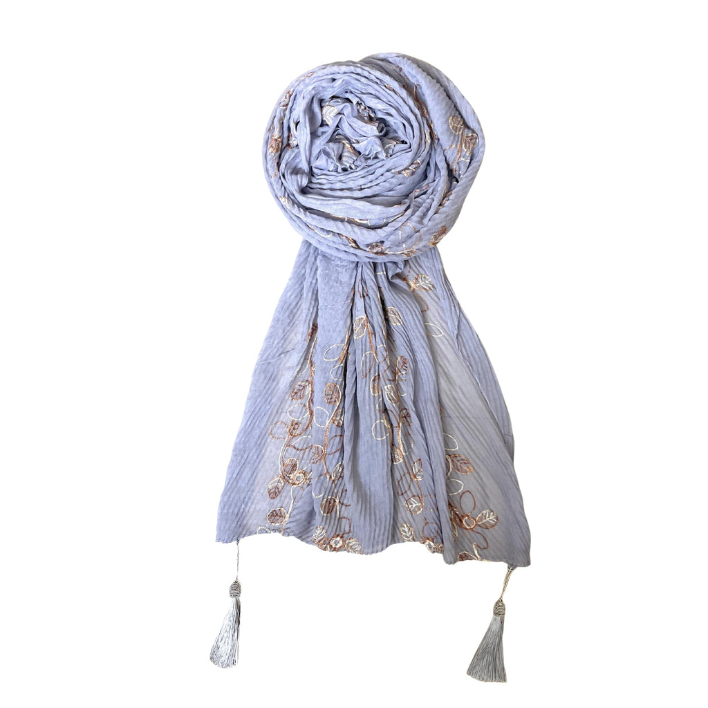 FAHABO Scarf for Women Stylish Pleated Viscose Cotton with Embroidery and Tassels | Hijab Scarf | Stole | Soft, Lightweight, and Latest Scarves | 72 x 33 Inches (Whisper Grey)