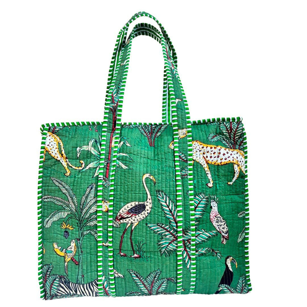 The House of RajPadmini Premium Cotton Quilted Shopping Tote Bag with 3 Travel Pouches Set (Animal Print Green)