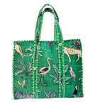 The House of RajPadmini Premium Cotton Quilted Shopping Tote Bag with 3 Travel Pouches Set (Animal Print Green)