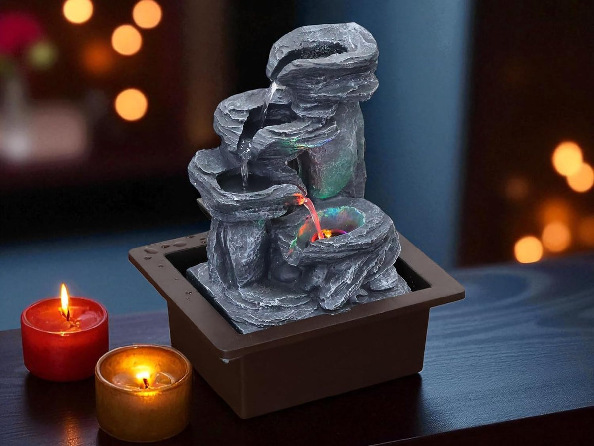 KridayKraft Rock Waterfall Design Table top Colour Changing Lights Fountain Polyresin Showpiece for Home Garden Living Room Decor Decoration Gift Items, 26 CM 1.3 kg