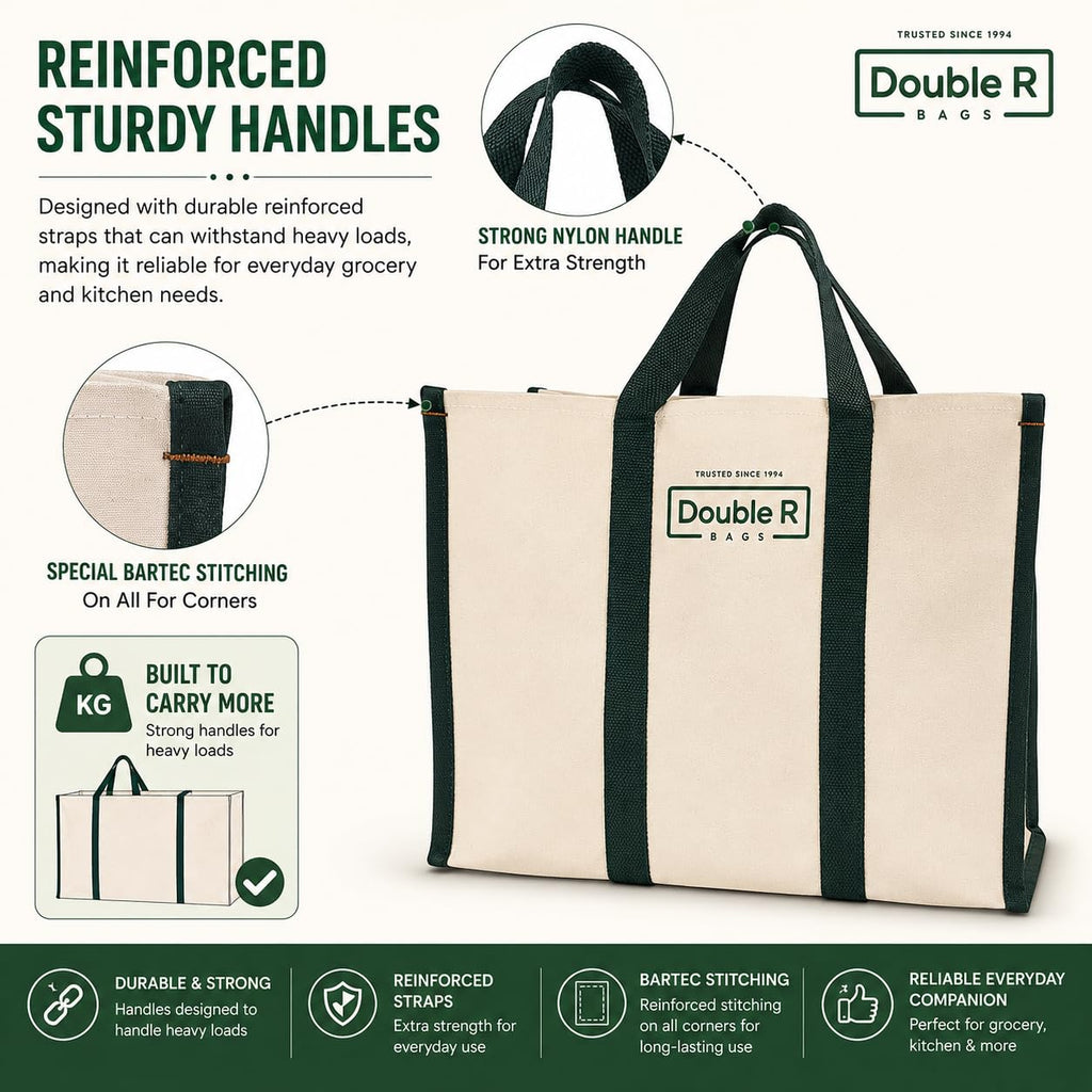 DOUBLE R BAGS Women’s Eco-Friendly Cotton Canvas Tote Bag | Big Reusable Jhola Bag for Grocery, Milk, Fruits & Vegetables with Reinforced Handles | 43x21x35 cm, 1 Compartment (Black, Pack of 1)