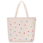 MASQ by Q-One Cute Genes Foldable Reusable Tote Bag for Women with Zip | College Bag for Girls | 100% Organic Canvas Tote for Shopping, Travel & Beach | (Heart Beige)