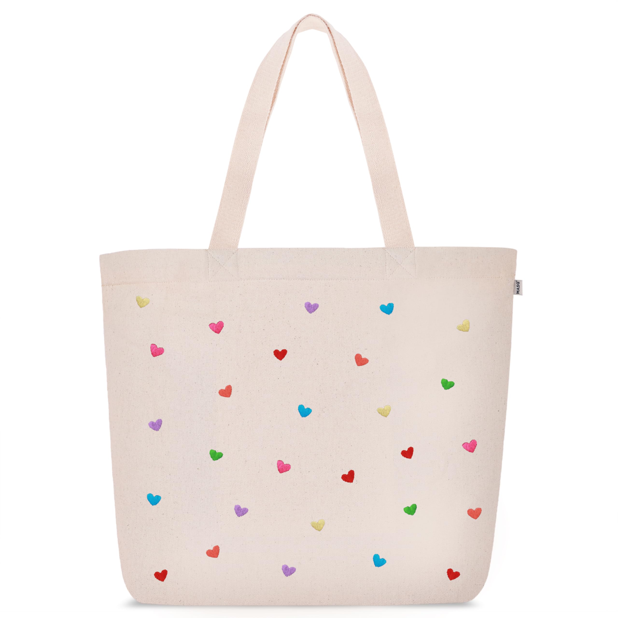 MASQ by Q-One Cute Genes Foldable Reusable Tote Bag for Women with Zip | College Bag for Girls | 100% Organic Canvas Tote for Shopping, Travel & Beach | (Heart Beige)