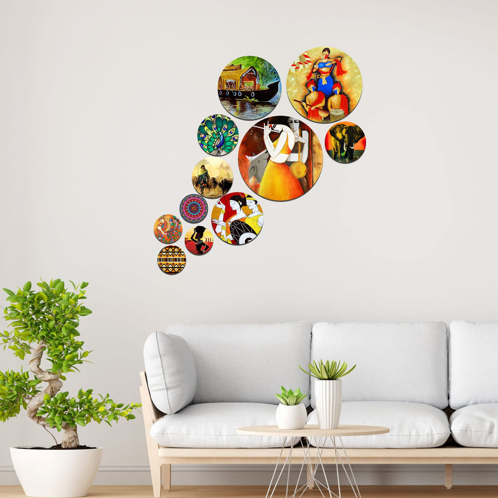 Artvibes Traditional Indian Ethnic Folk Art Round Shape MDF Wooden Wall Decor Items | Room Wall Art | Modern Decor Artwork | Living Room | Cafe | Wall Art Print | Unique Gift (WPS_121N), Set of 11