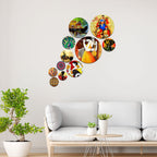 Artvibes Traditional Indian Ethnic Folk Art Round Shape MDF Wooden Wall Decor Items | Room Wall Art | Modern Decor Artwork | Living Room | Cafe | Wall Art Print | Unique Gift (WPS_121N), Set of 11