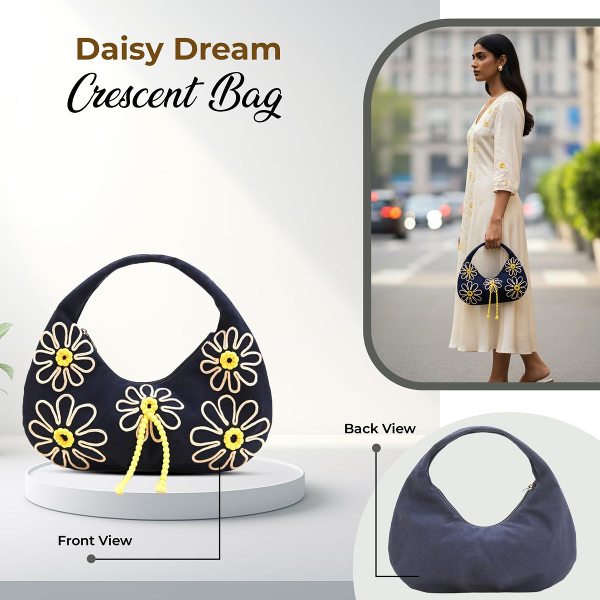 Boho Girl Indigo Blossom Tote Bag – Navy Blue Floral Handbag for Women with Embroidered Flowers, Padded Handle & Ribbon Detail – Chic Shoulder Bag for Travel, Brunch (Black & White)