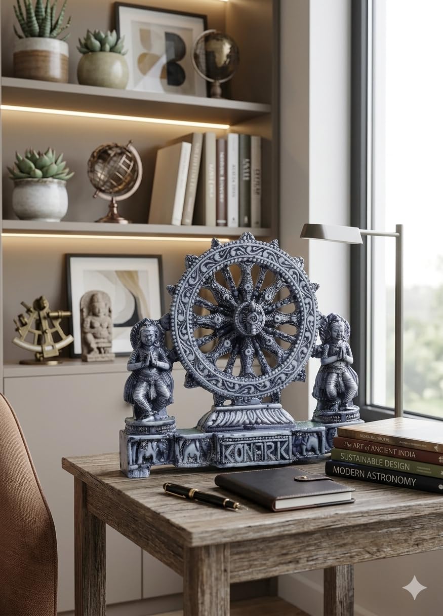 Zenith Zone Black konark Chakra Wheel showpiece – Antique Finish Sun Temple Sculpture for Home Decor & Gifting – Handcrafted Indian Artifact for Desk, Shelf, or Altar
