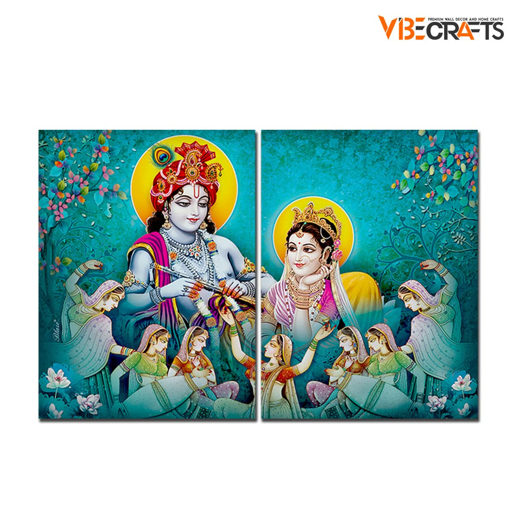 VIBECRAFTS 2 Pieces Beautiful Shree Radha Krishna Canvas Wall Painting Fitted With Wooden Frame For Home | Office | Living Room | Gifts(PTVC2Pcs1_17509)