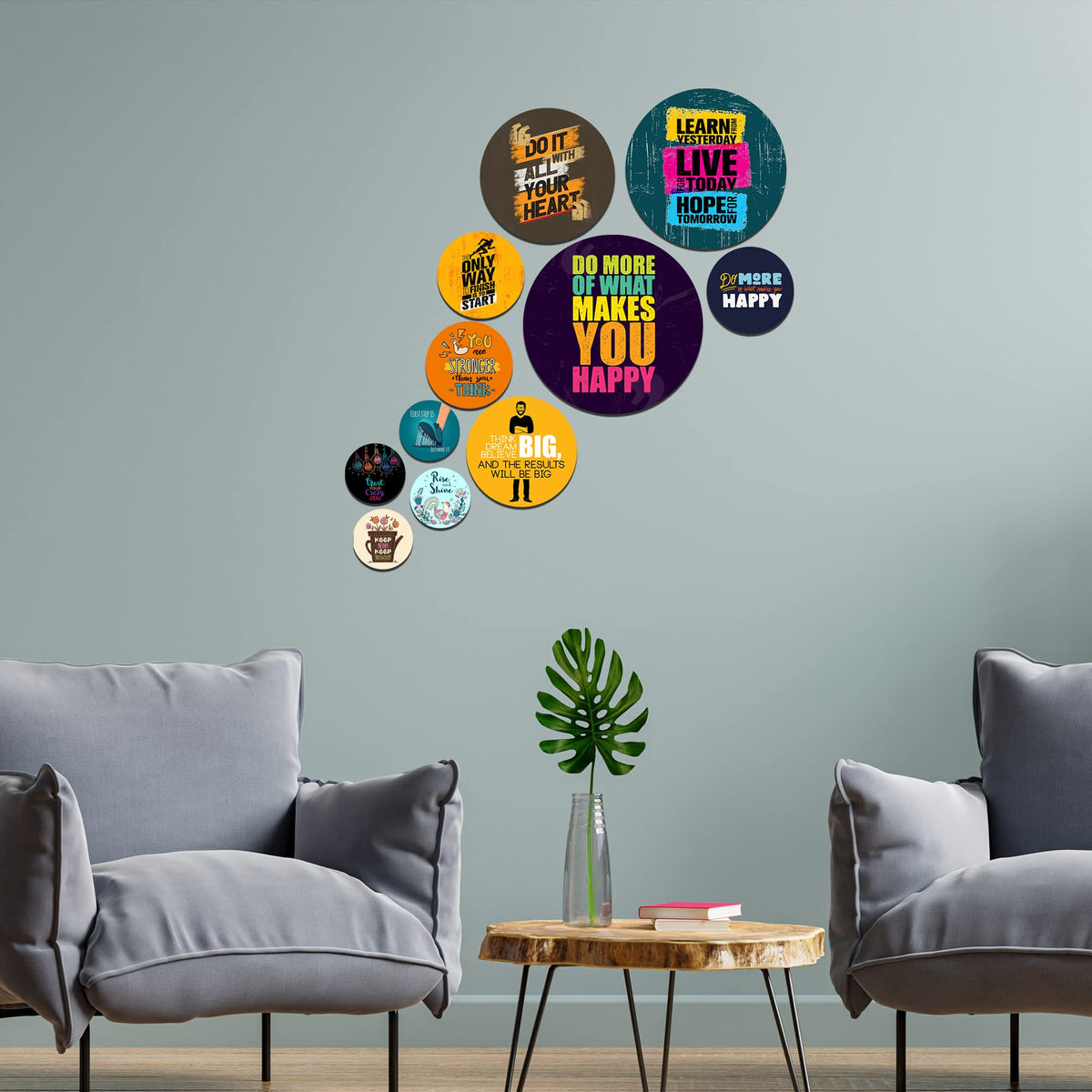 Artvibes Do It With All Your Heart Round Shape MDF Wooden Wall Decor Items | Quotes Decor Item | Wall Illustrations | Office Decor | Wall Art Print | Inspirational quotes | Gift (WPS_111N), Set of 11