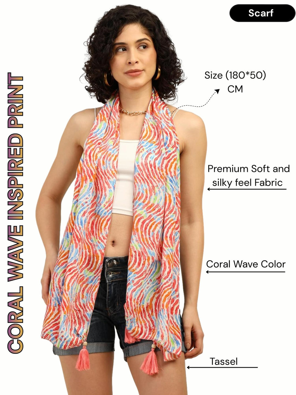 KE KANHA EXPORTS Scarf for Women Boho | Border Print Stylish | Stole for Women Breathable Summer Beach Wrap with Tassels | Multicolour |180 x 50 cm FREE Scrunchie Included