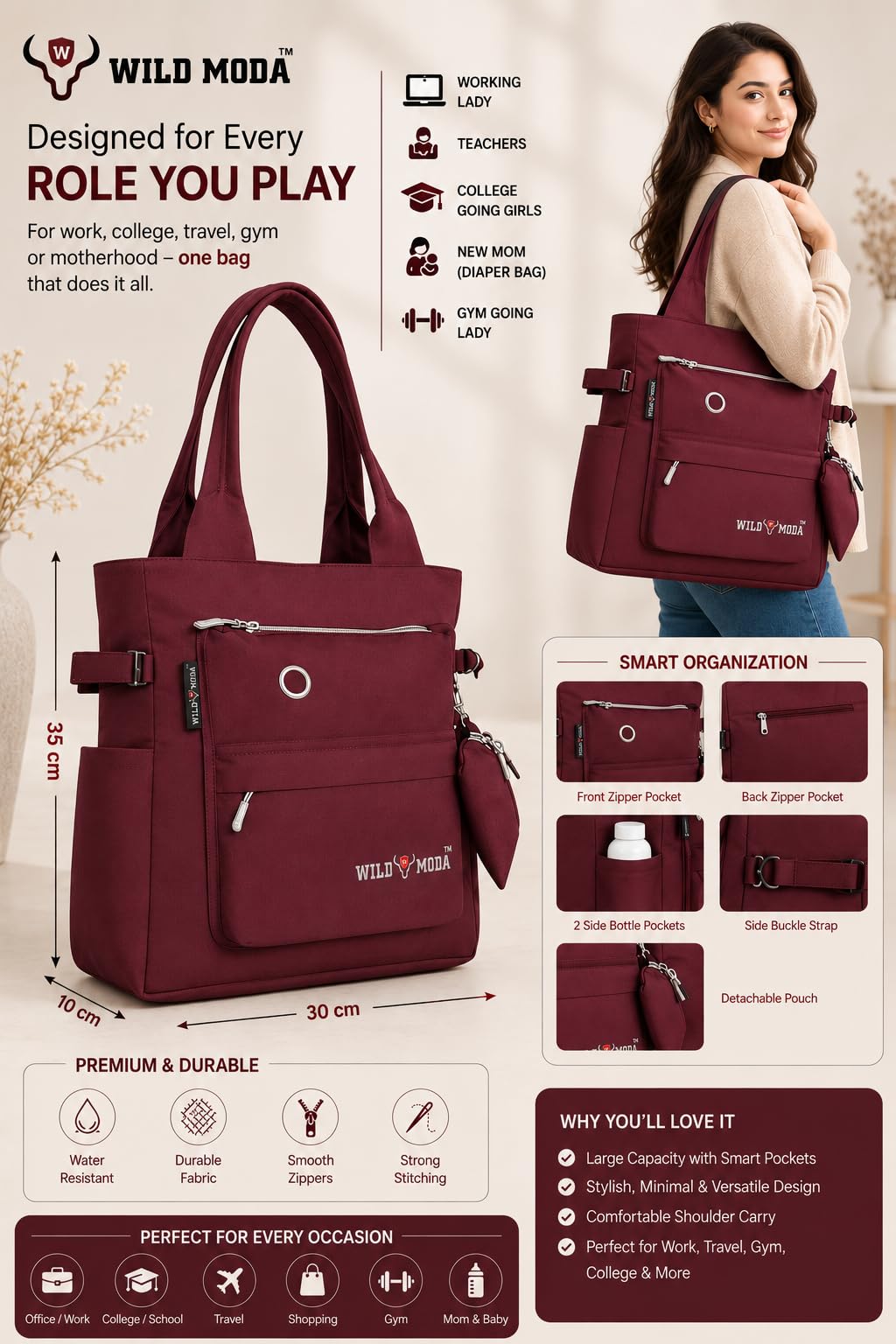 WILD MODA College and Office Tote Bag for Girls and Women (Maroon Grey)
