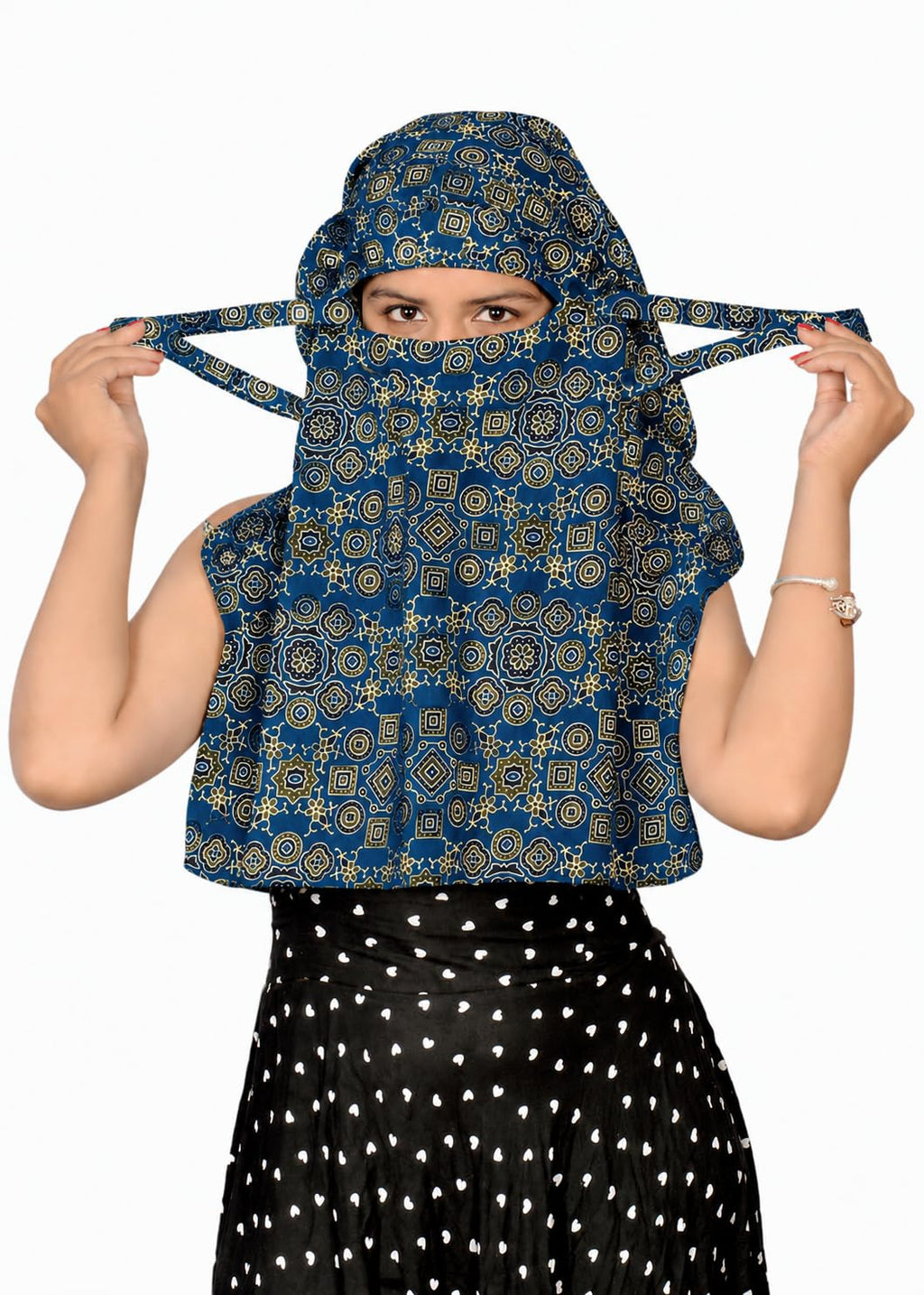 DEEPNYRA - LIVING STYLE Scarf Face Full Covering With Mask Head Hair Wrap Sun Protection For Women Cotton Printed Square All Season Wear (BLUE)