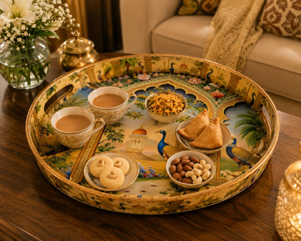 Pavitra Uphaar Royal Peacock Decorative Serving Tray, Solid Wood, Round, Glossy Finish, Handcrafted, Traditional Indian Style