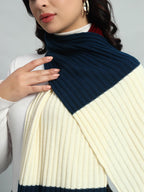Ravaiyaa - Attitude is everything Reversible Wool Scarves Knitted Pattern Women Neck Wraps Muffler Winter Wool Scarf 65 x14 Inch (White, Maroon & Blue)