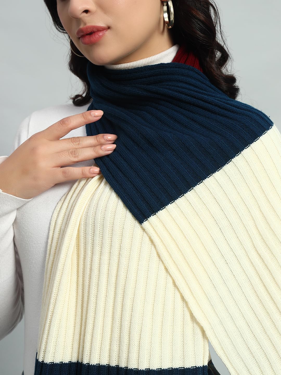 Ravaiyaa - Attitude is everything Reversible Wool Scarves Knitted Pattern Women Neck Wraps Muffler Winter Wool Scarf 65 x14 Inch (White, Maroon & Blue)