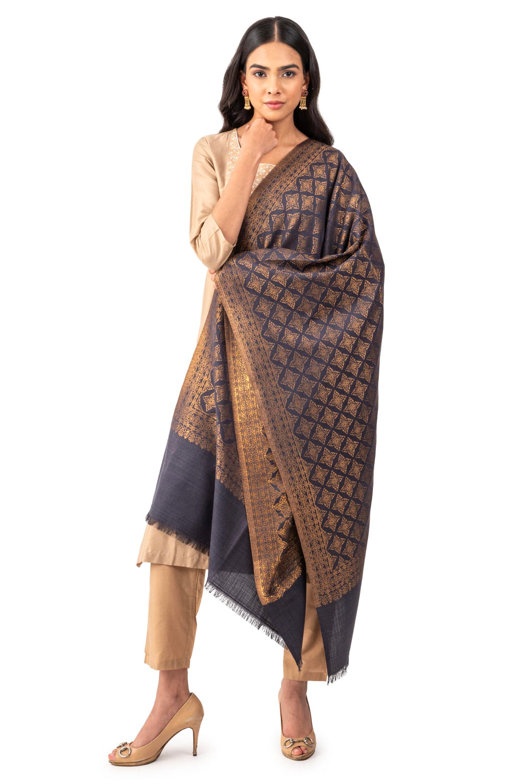 Naureen Women Pashmina Blend Stole with Zari, Warm and Soft, 28x80 inch