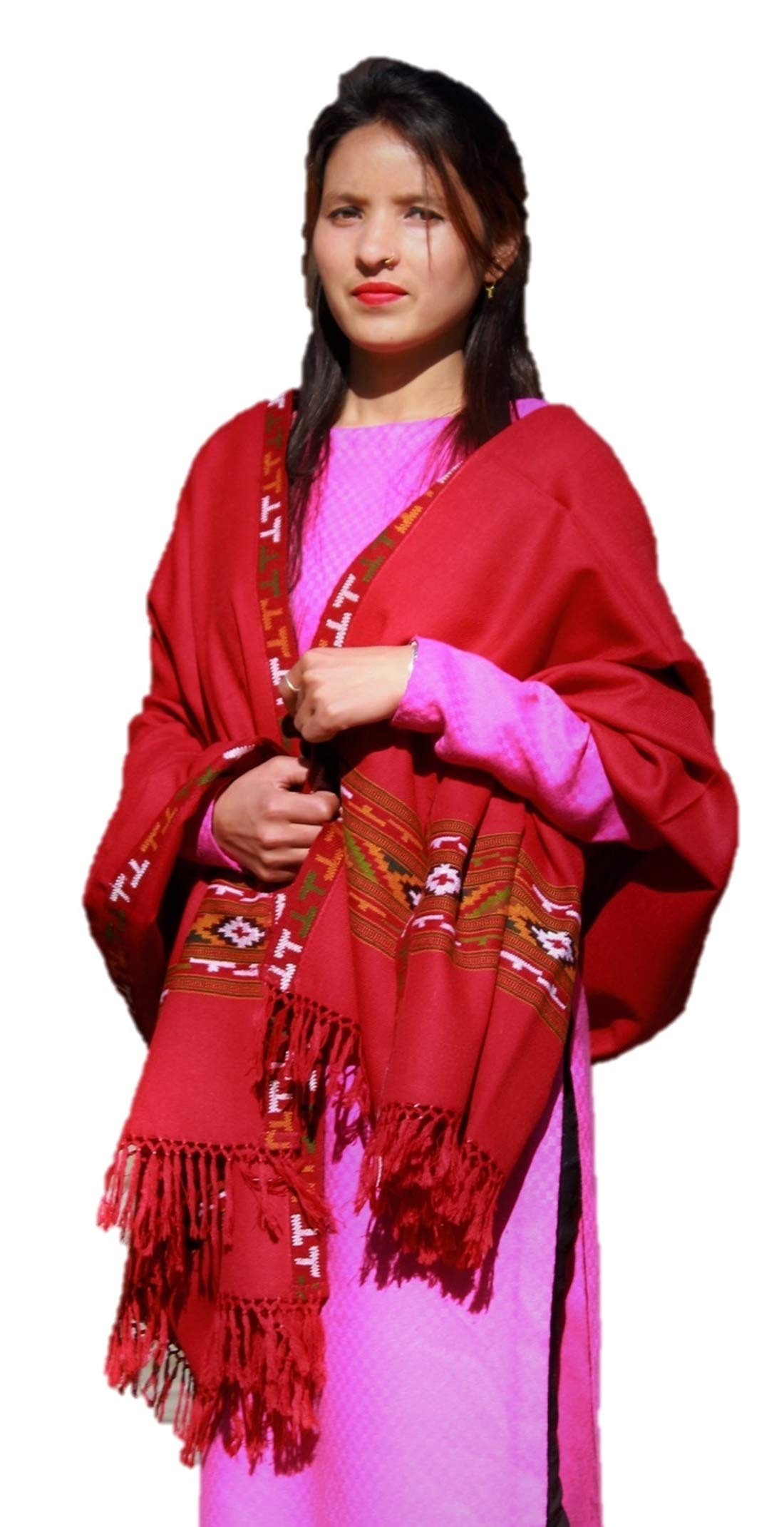 HImalayanKraft Hand Woven Kullu Handloom Pure Woolen Shawl Red Colored with Beautiful Kullu Weaving Designed for Women and Girls.