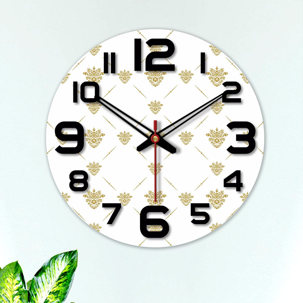 VIBECRAFTS Golden Floral Pattern Wooden Wall Clock for Home Decor, Office, Living Room, Bedroom, Cafe's, Gifts (WWCVC1Pcs_15054)