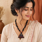 Handmade Terracotta Triangle Necklace Set with Earrings | Black Red White Handpainted Ethnic Jewellery Set for Women | Tribal Boho Necklace for Saree, Kurti, Gifting