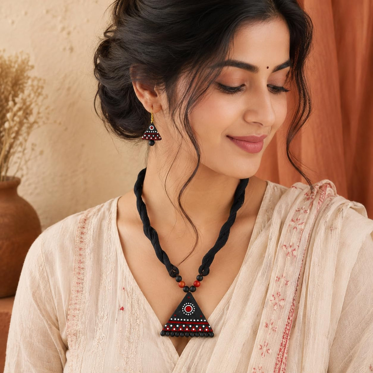 Handmade Terracotta Triangle Necklace Set with Earrings | Black Red White Handpainted Ethnic Jewellery Set for Women | Tribal Boho Necklace for Saree, Kurti, Gifting