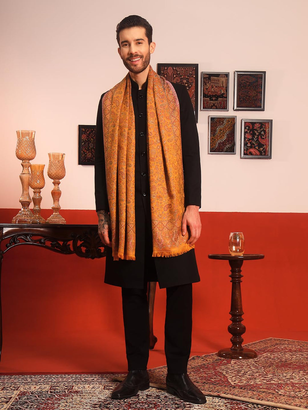 Pashmoda Men Chandni Kaani Stole, Authentic Kashmiri Luxury Pashmina Style Shawl, Stole, Small Size Gents Lohi, (Size 28x80 Inches, Mustard Color) MAVST07