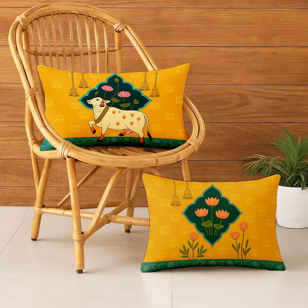 STITCHNEST Satin Ethnic Cushion Covers Cow & Lotus Art, 12x18 Inches, Pack of 2 for Living Room & Festive Decor
