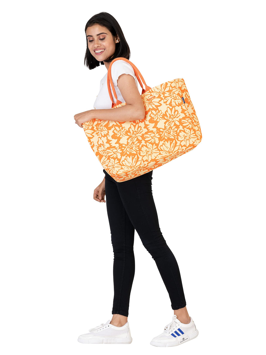 AQVA Stripe Printed Tote Bag for Women | Ladies Casual Handbag for Shopping, Travel with Top & inner Zip Pocket | Versatile Trendy Handbag for College Girls (Phool Ecru Orange)