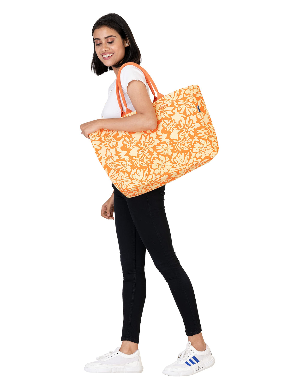 AQVA Stripe Printed Tote Bag for Women | Ladies Casual Handbag for Shopping, Travel with Top & inner Zip Pocket | Versatile Trendy Handbag for College Girls (Phool Ecru Orange)
